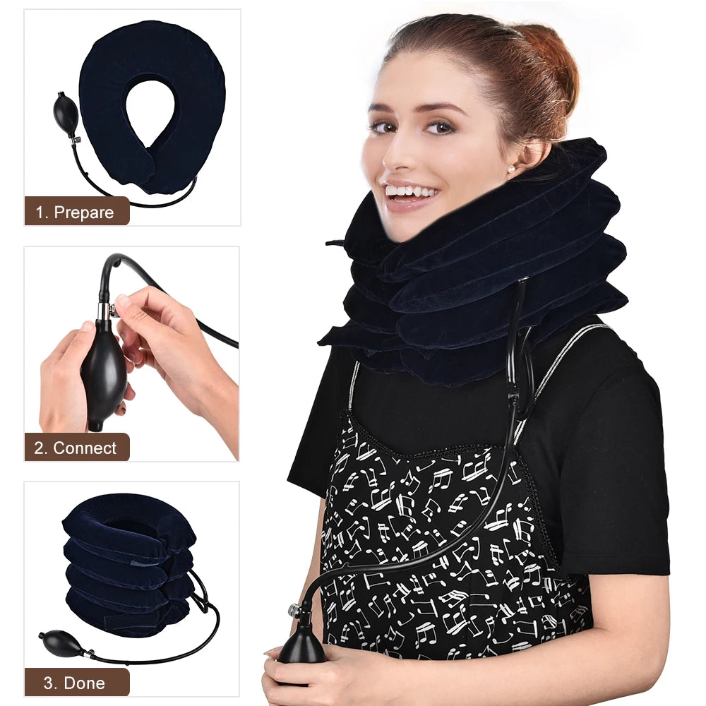 3/4 Layers Inflatable Air Cervical Neck Traction Device Soft Neck Collar Pillow Pain Stress Relief Neck Posture Stretching Brace