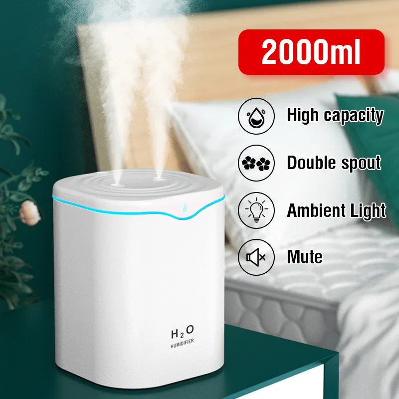 2000ML USB Air Humidifier Double Spray Port Essential Oil Aromatherapy Diffuser Cool Mist Maker Fogger for Home Office